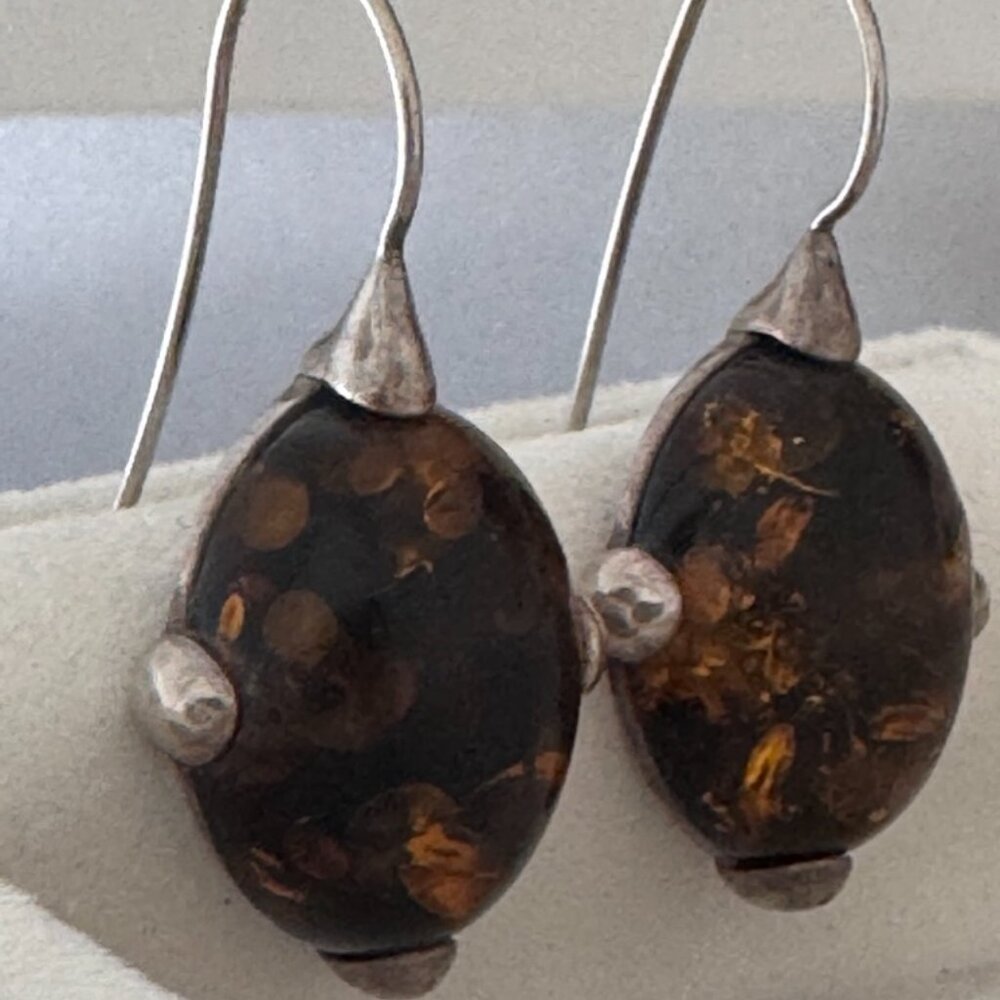 Vintage Baltic Amber Earrings 925 Sterling Silver Drop Honey Color